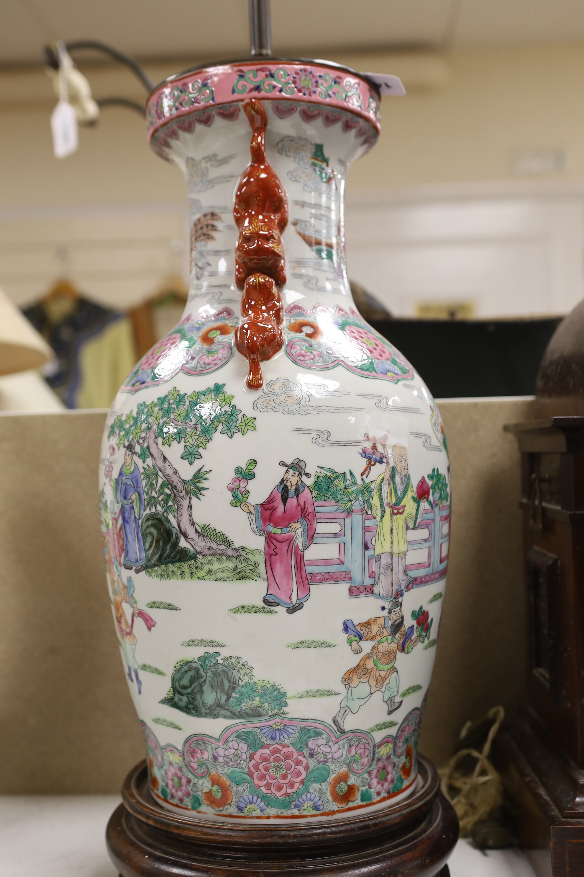 A Chinese famille rose ‘immortals’ vase converted to a lamp, 54cm to top of vase